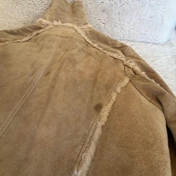 Suede Sherpa Lined Coat Tan Boho Shaggy Penny Lane Chunky Cozy Moto Jacket Y2K - Picture 4 of 8